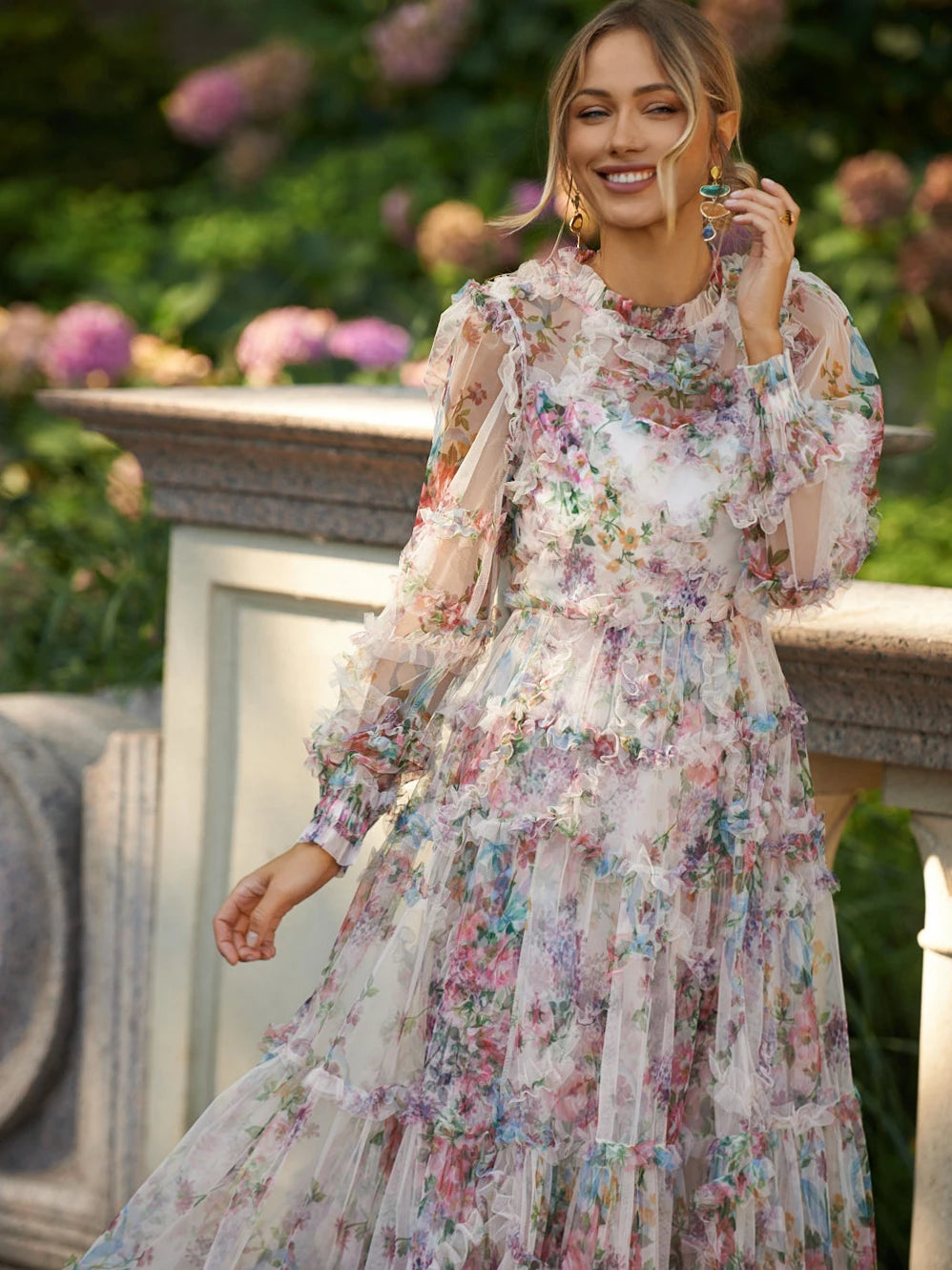 Lace Lantern Sleeve Mesh Print Cascading Ruffle Vacation Ball Gown Dresses For Women 2022 Luxury Designer Autumn Runway Elegant
