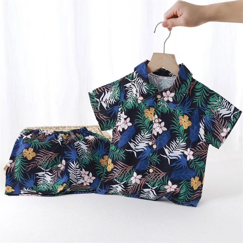 Summer Children Beach Shirt Set Boys Girls Baby Loose Printed Shirts Fashion Vacation Style Kid Short Sleeve+short Pants Outfits