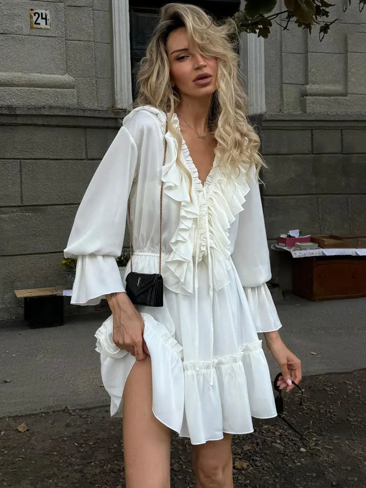 Tossy Ruffled V-Neck White Mini Dress Female Patchwork Long Sleeve Elegant Bandage Fashion Dress High Waist Lace-Up Women Dress