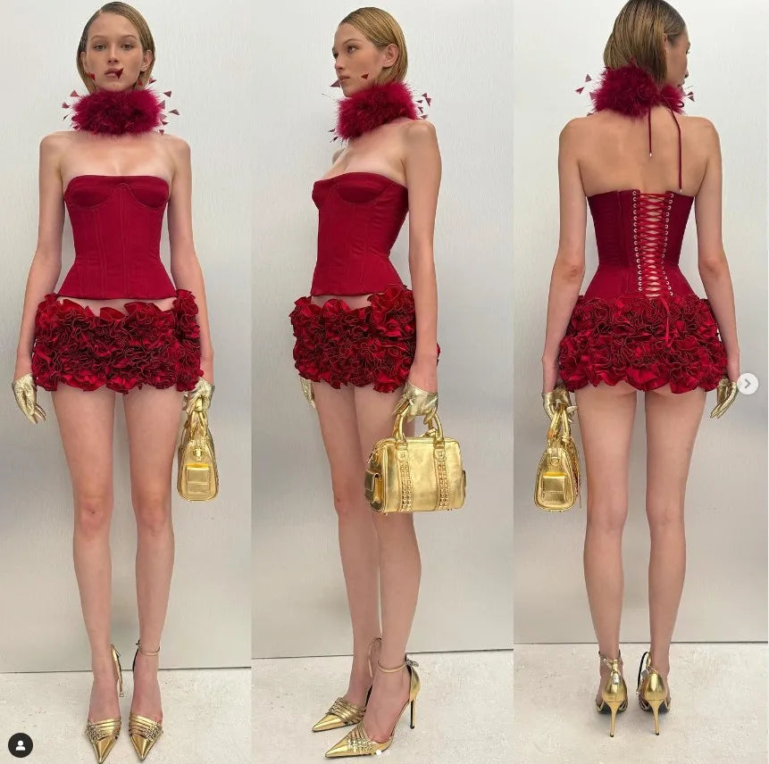 Red Color Women Sexy Strapless Ball Gown Mini Dress Celebrity Red Carpet Fashion Evening Party Celebrate Dress Wholesale