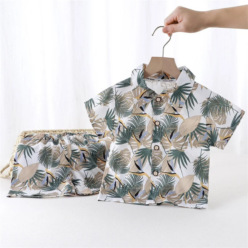 Summer Children Beach Shirt Set Boys Girls Baby Loose Printed Shirts Fashion Vacation Style Kid Short Sleeve+short Pants Outfits