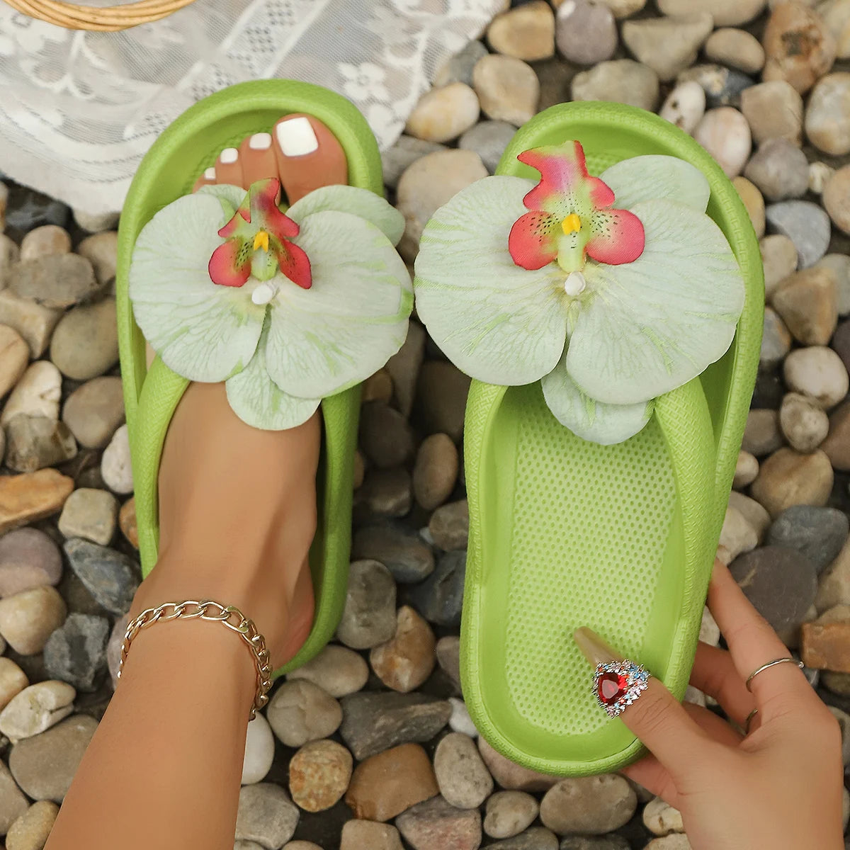 New Summer Women's Multi-Color Flip-Flops Phalaenopsis Flowers Party Outdoor Vacation beach walk Indoor Home Sweet Cute Slippers