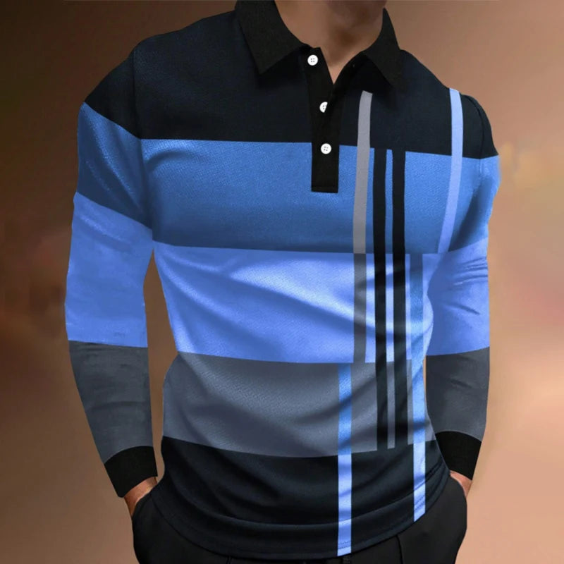 Casual Spring and Autumn Men's New Long Sleeve Polo Shirt with Splicing Colors Fashionable Breathable and Slim Fit Polo Shirt