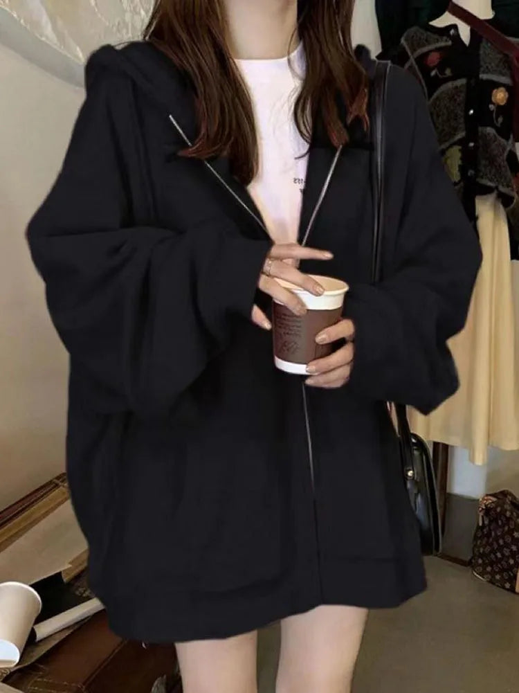 Korean Fashion Zipper Hood Sweatshirt Women Autumn Long Sleeve Tops Casual Y2K Hoodies Streetwear Harajuku Loose Jackets Coats