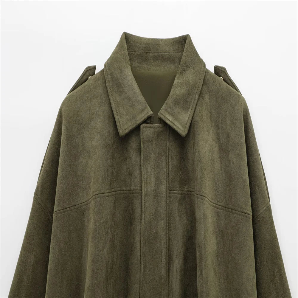 PB&ZA 2025 Women Faux Suede Collared Jacket with Shoulder Straps Loose Fit Stylish Olive Green for Sale on AliExpress