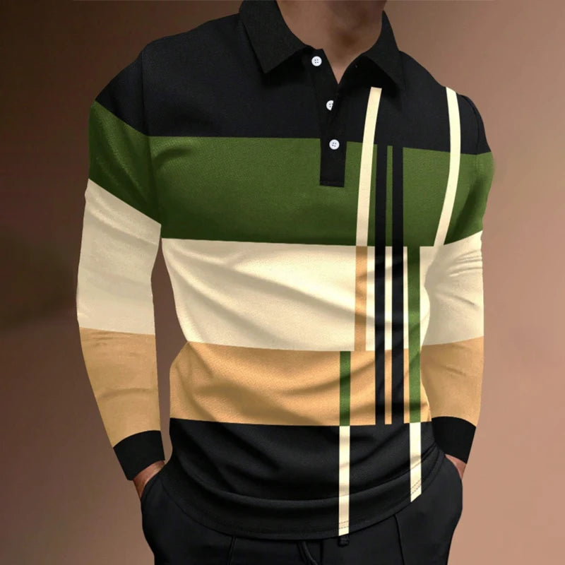 Casual Spring and Autumn Men's New Long Sleeve Polo Shirt with Splicing Colors Fashionable Breathable and Slim Fit Polo Shirt