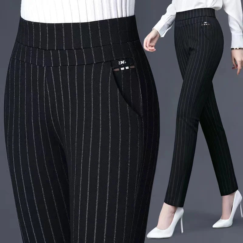 Spring Autumn Middle Aged Women Elastic Waist Casual Straight Pants Female Trousers Wild Slim Stripe Black Gray Pencil Pants 5XL