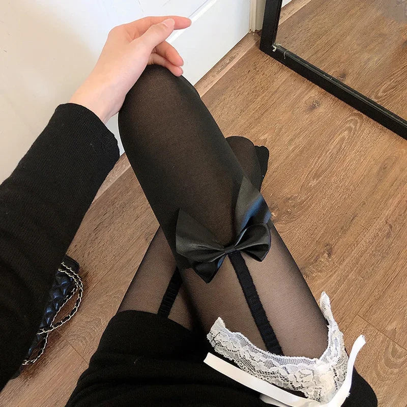 Sexy Women Pantyhose Tights Bowknot Lolita Nylon Tights Stockings Seamless Fishnet Pantyhose Female Hosiery Japanese Style Black