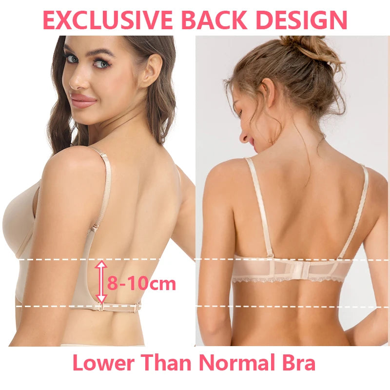 Plunge Bra Women's Deep U Low Cut Invisible Bralette Multi-Way Convertible Sexy Push Up Bare Back Lingerie for Backless Dress