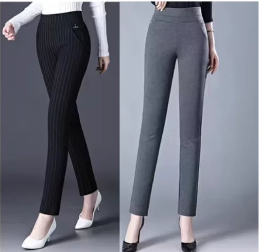 Spring Autumn Middle Aged Women Elastic Waist Casual Straight Pants Female Trousers Wild Slim Stripe Black Gray Pencil Pants 5XL