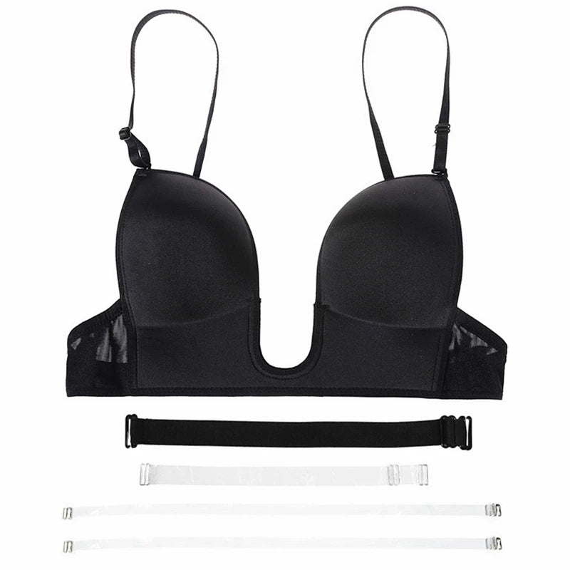 Plunge Bra Women's Deep U Low Cut Invisible Bralette Multi-Way Convertible Sexy Push Up Bare Back Lingerie for Backless Dress