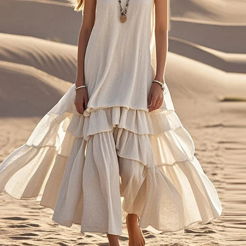 Vintage V Neck Solid Cotton Linen Pleated Vacation Dresses Women Sleeveless White Cake Display Dress Summer Ladies Beach Dresses
