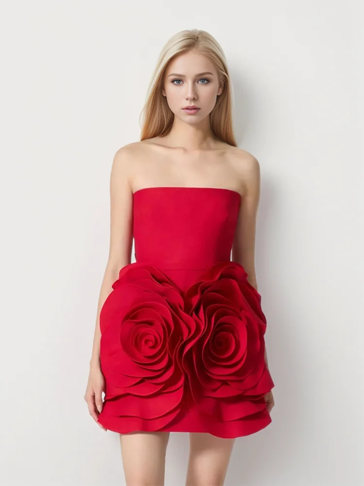 TWOTWINSTYLE Solid Sexy Patchwork Appliques Dress For Women Strapless Sleeveless High Waist Spliced Zipper Chic Dresses Female