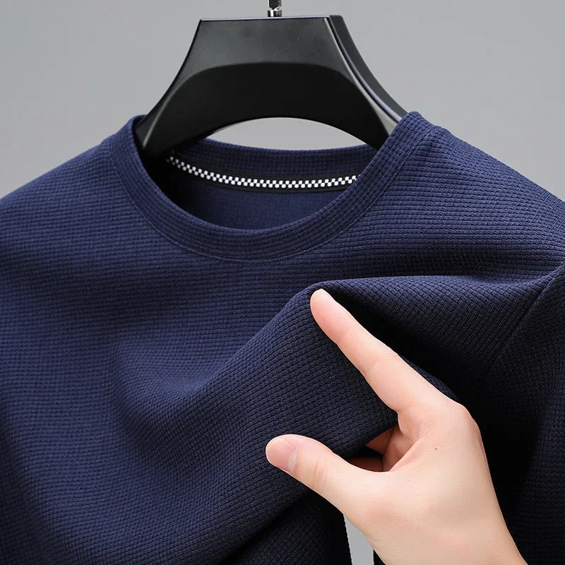 New Men's Business Casual Long Sleeved Solid Color Round Neck T-shirt for Autumn Winter Comfortable Fashionable Versatile Top
