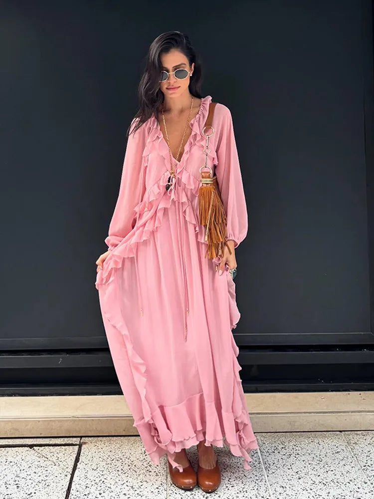 Elegant Summer Solid Color Women Long Robe Fashion V Neck Multiple Pleated Full Sleeves Female Dress New High Street Lady Wear