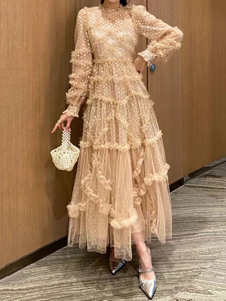 Spring 2025 women's dress, embroidered sequin polka dot mesh dress, irregular multi-layered black ear-edge loose puffy skirt