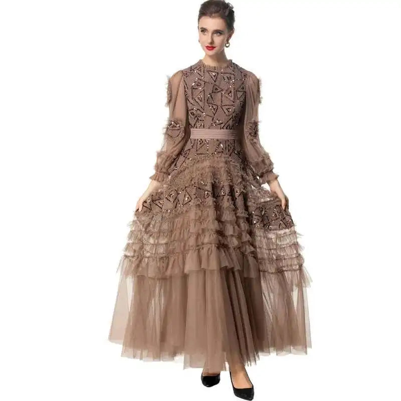 Luxury Sequin Cake Evening Dresses Women Summer Autumn Ruffles Long Sleeve Maxi Dress Tulle Party Elegant Vestidos