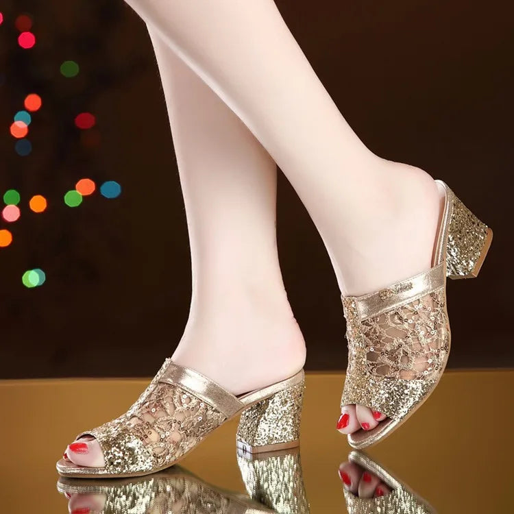 Plus Size 43 Women's Slippers 2025 New Summer Fashion Sequin Cool Slippers Outer Wear Women's Thick Heel Slippers Ladies Sandals