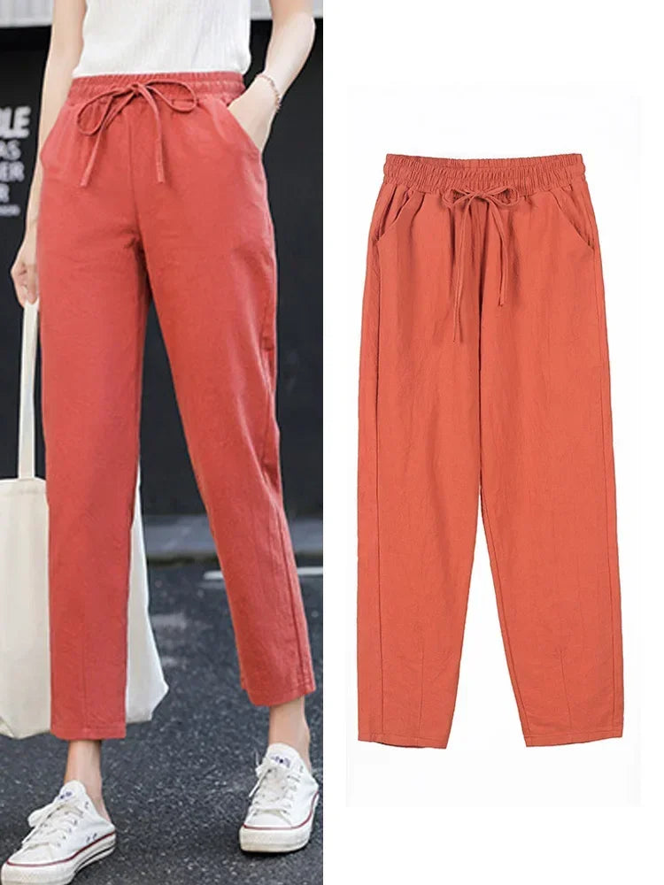 Womens Spring Summer Pants Cotton Linen Solid Elastic waist Candy Colors Harem Trousers Soft high quality for Female ladys S-XXL