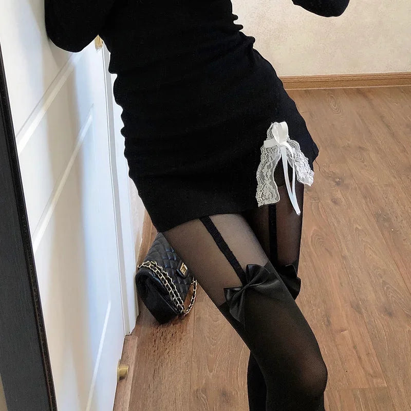 Sexy Women Pantyhose Tights Bowknot Lolita Nylon Tights Stockings Seamless Fishnet Pantyhose Female Hosiery Japanese Style Black