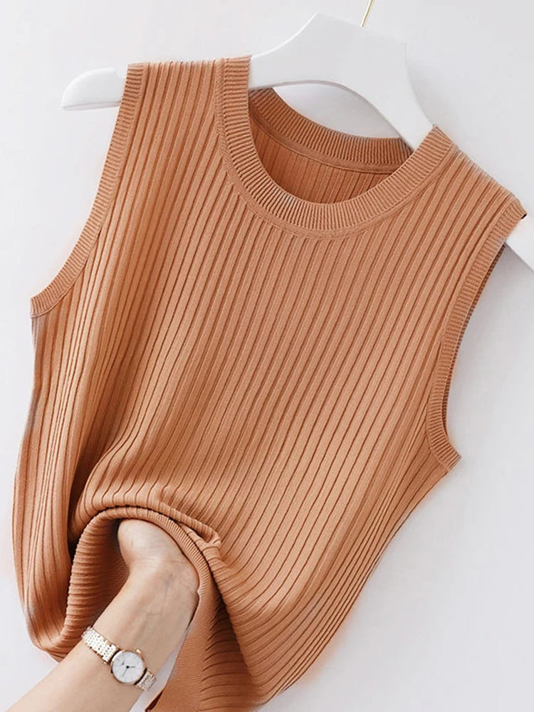 2024 Korea Knitted Vests Women Top Summer Sleeveless Blouse Women O-neck Knitted Blouse Shirt Women Clothes Women Tops