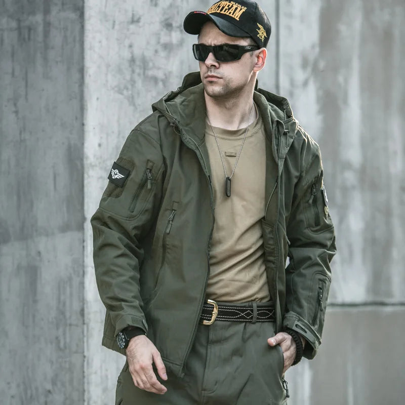 Men's Tactical Hooded Jackets Waterproof Full Zip Multiple Pockets Hooded Tactical Coat Outdoor Camping Jacket Work Outwear