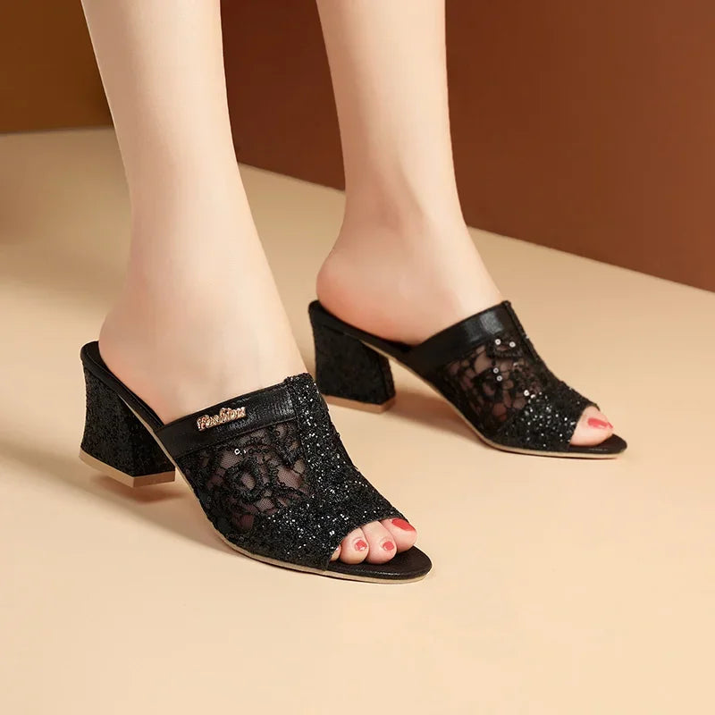Plus Size 43 Women's Slippers 2025 New Summer Fashion Sequin Cool Slippers Outer Wear Women's Thick Heel Slippers Ladies Sandals