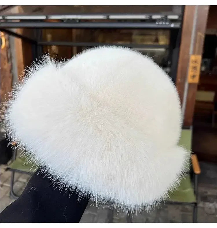 Winter Faux Mink Fur Ear Protection Hat Panama Cap Mongolian Hat for Women, Water Bucket Plush Basin Hat Simple Solid Color