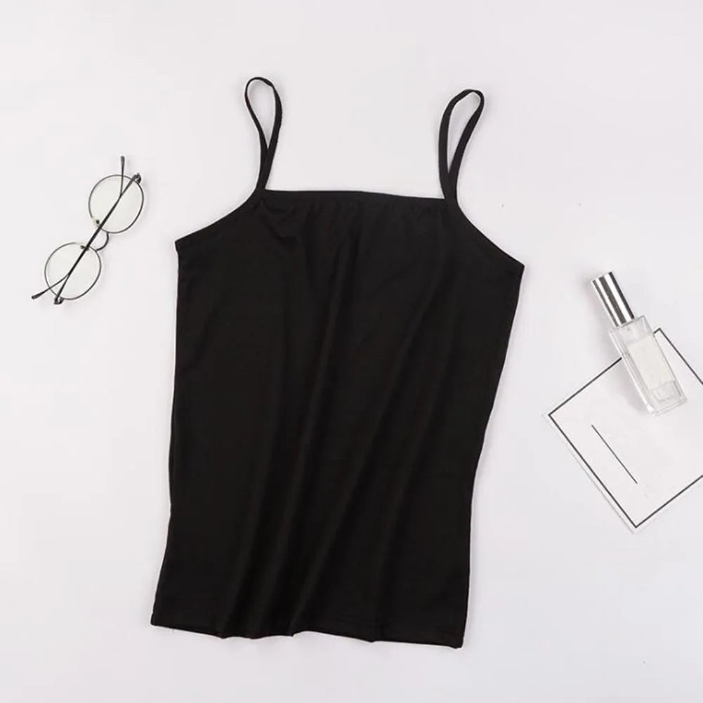 Korean Style Women Tank Tops Spaghetti Strap Camisole Solid Color Push Up Padded Tank Top Cups Sports Vest Tops Summer Camis