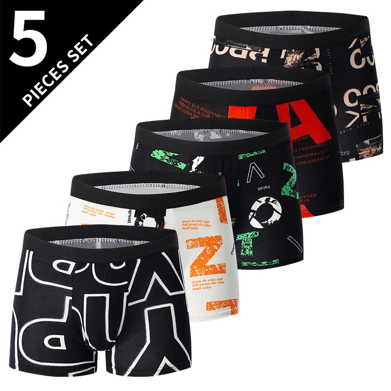 5-Piece Men's Fashion Printing Plus Size 5XL6XL Boyshort Underwear Comfortable For Sports Casual Underwear Elastic Waist Shorts