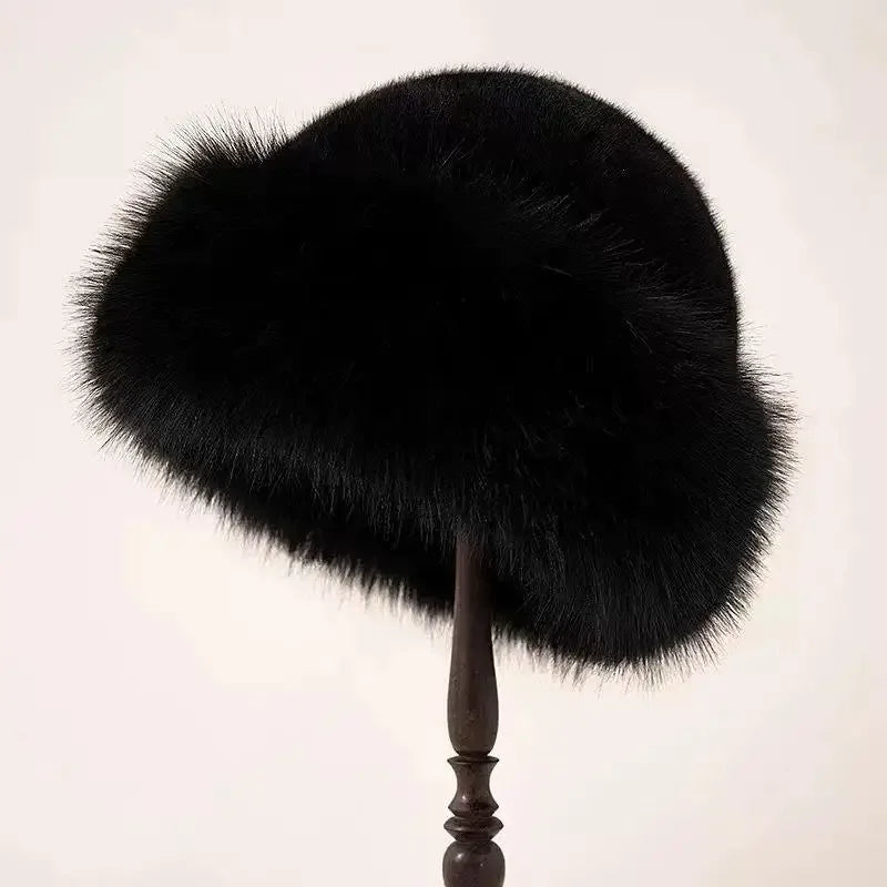 Winter Faux Mink Fur Ear Protection Hat Panama Cap Mongolian Hat for Women, Water Bucket Plush Basin Hat Simple Solid Color