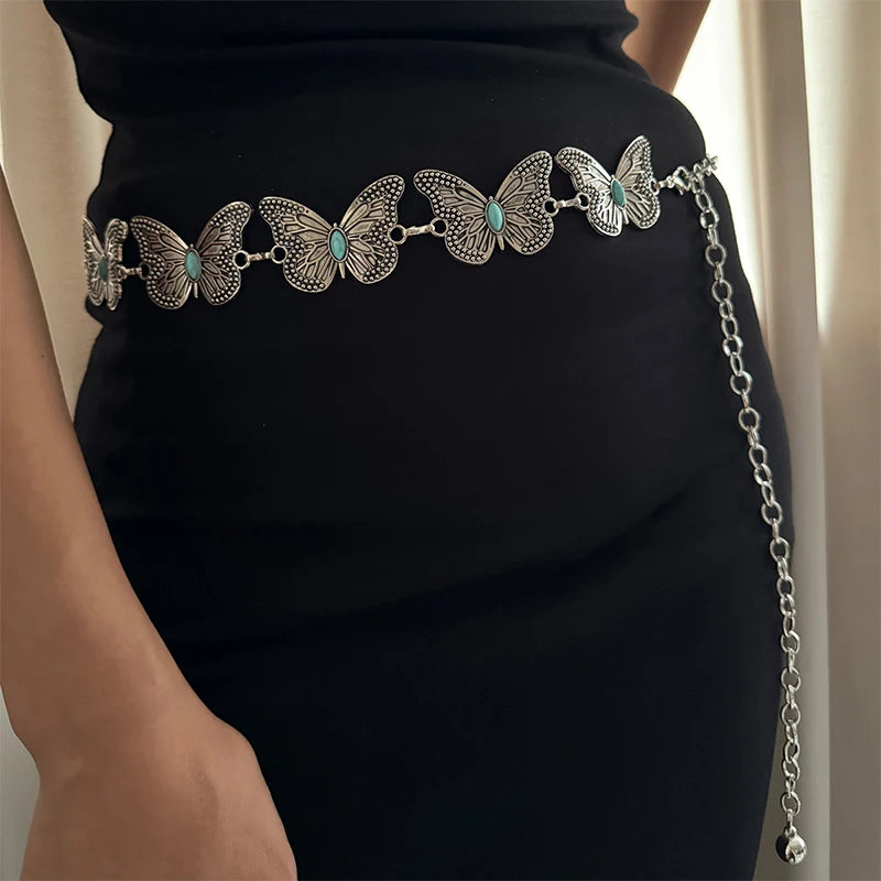 Vintage Sliver  Metal Waist Chain Belt High-End Luxury Brands Butterflies Punk Y2K Dress Jeans Waistband Fashion Belts For Women