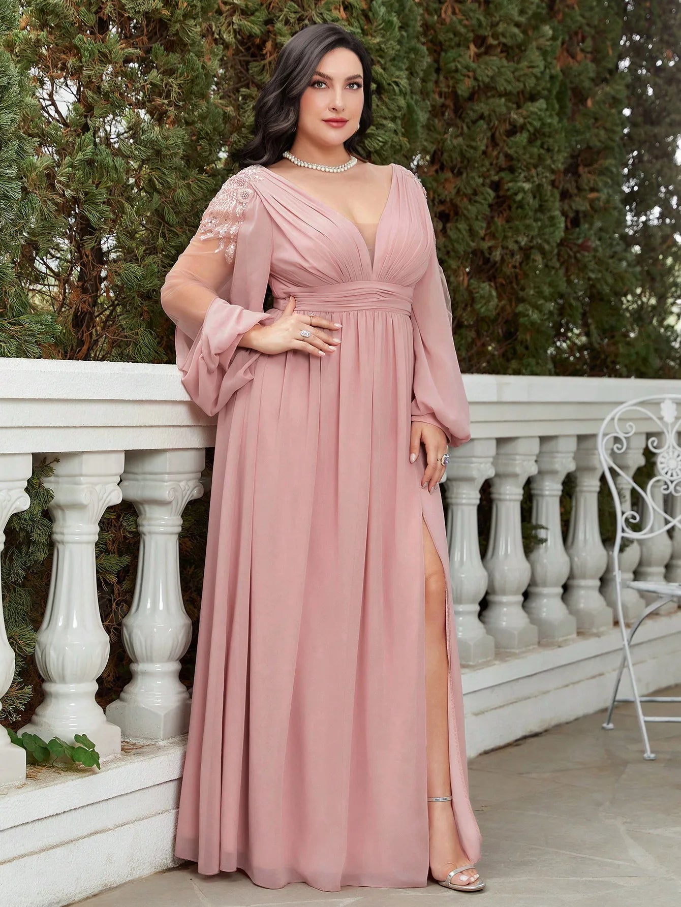 Unithorse Plus Plunging Neck Lantern Sleeve Split Thigh Chiffon Bridesmaid Dress