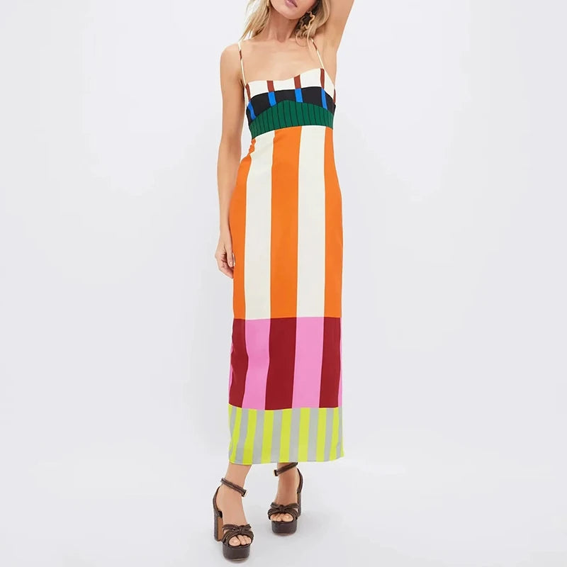 Elegant Contrast Striped Print Strap Dress Women Spring V Neck Backless Hollow Long Dress Summer Sleeveless Zip Split Boho Dress