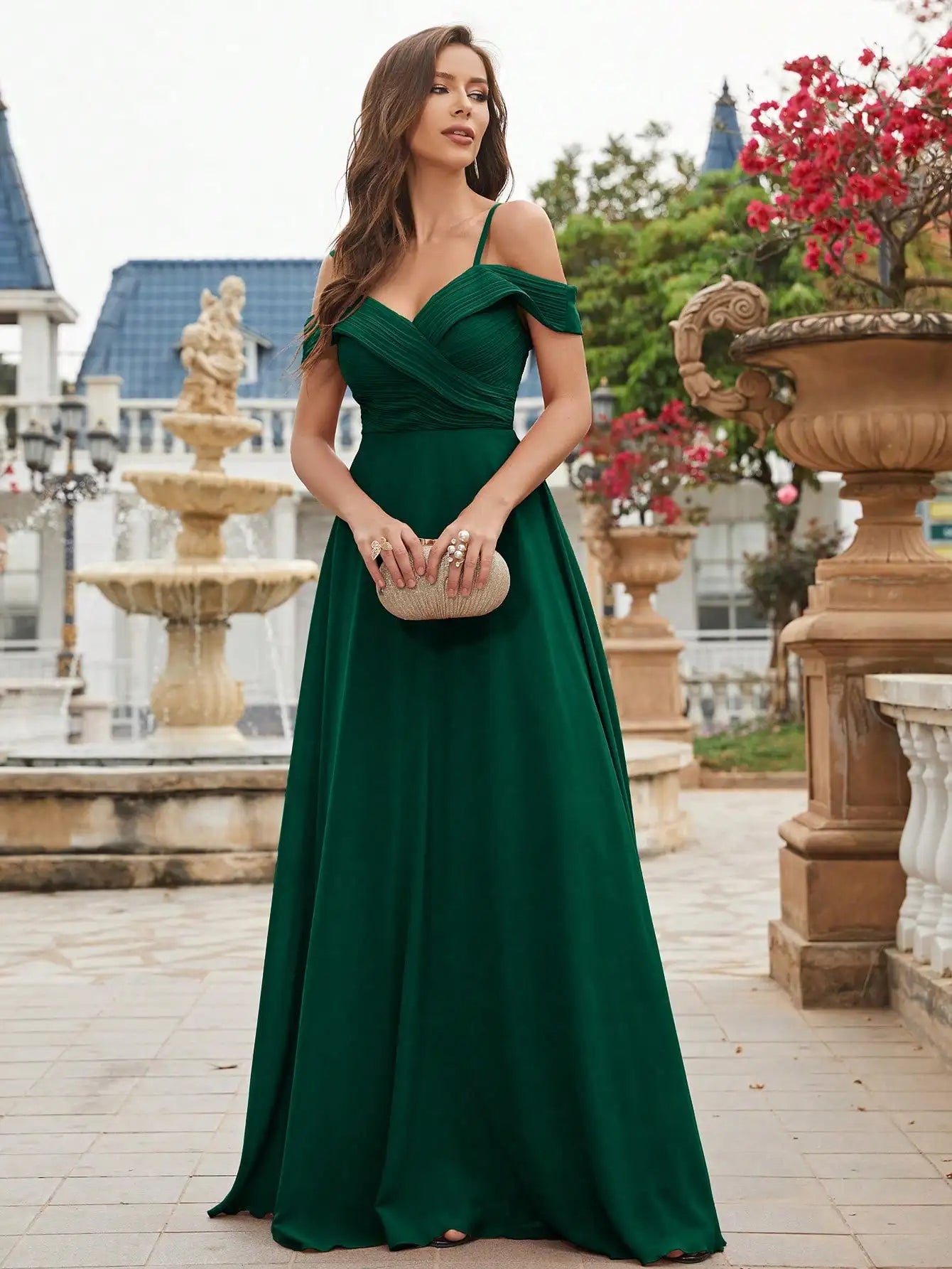 Unithorse Cold Shoulder Ruched Floor Length Chiffon Bridesmaid Dress