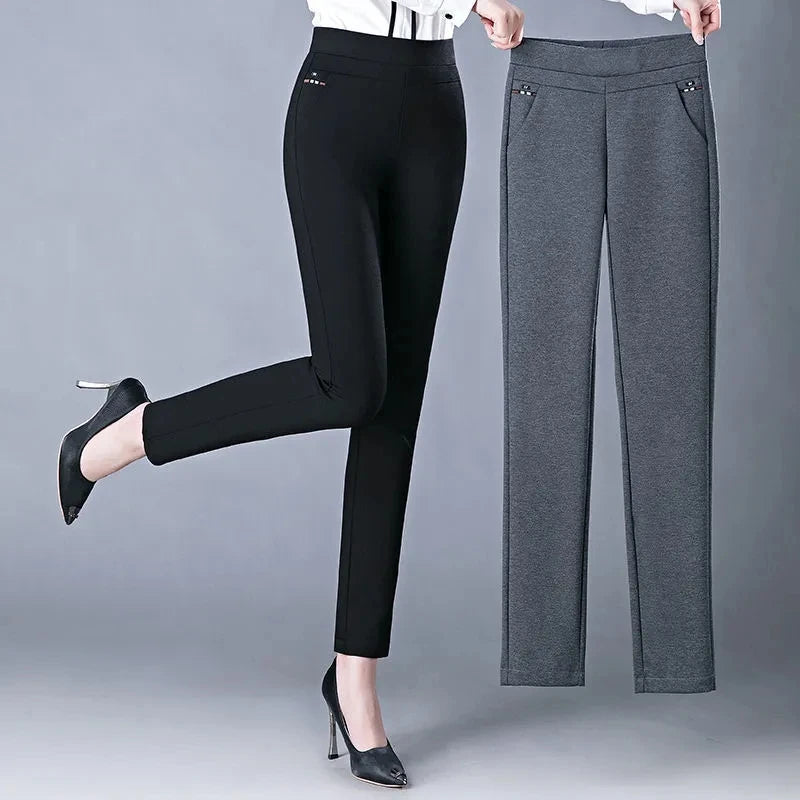 Spring Autumn Middle Aged Women Elastic Waist Casual Straight Pants Female Trousers Wild Slim Stripe Black Gray Pencil Pants 5XL