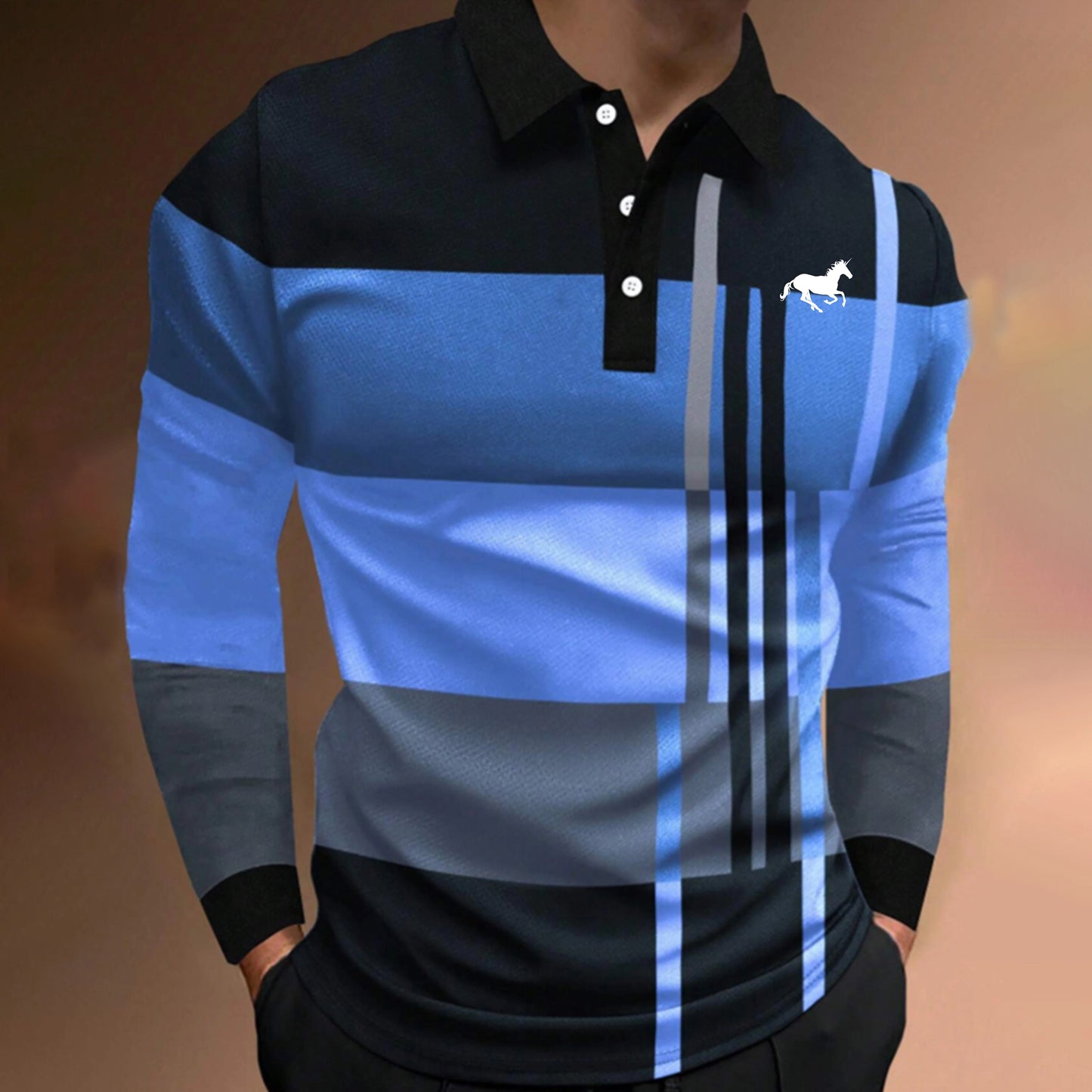 Casual Spring and Autumn Men's New Long Sleeve Polo Shirt with Splicing Colors Fashionable Breathable and Slim Fit Polo Shirt