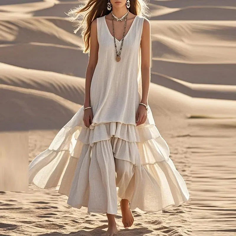 Vintage V Neck Solid Cotton Linen Pleated Vacation Dresses Women Sleeveless White Cake Display Dress Summer Ladies Beach Dresses