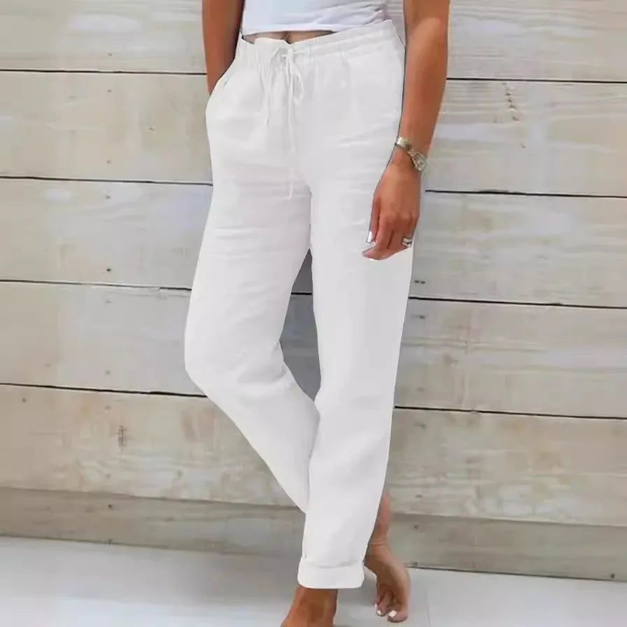 Women Cotton Linen Pants Summer Female High Elastic Waist Drawstring Pocket Beachwear Holiday Straight Trousers JYFS-1044