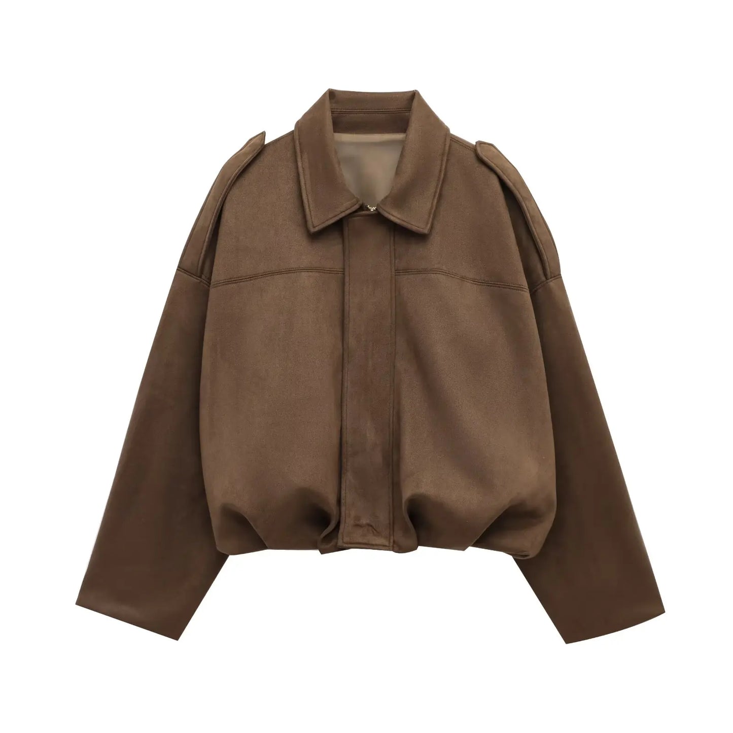 PB&ZA 2025 Women Faux Suede Collared Jacket with Shoulder Straps Loose Fit Stylish Olive Green for Sale on AliExpress