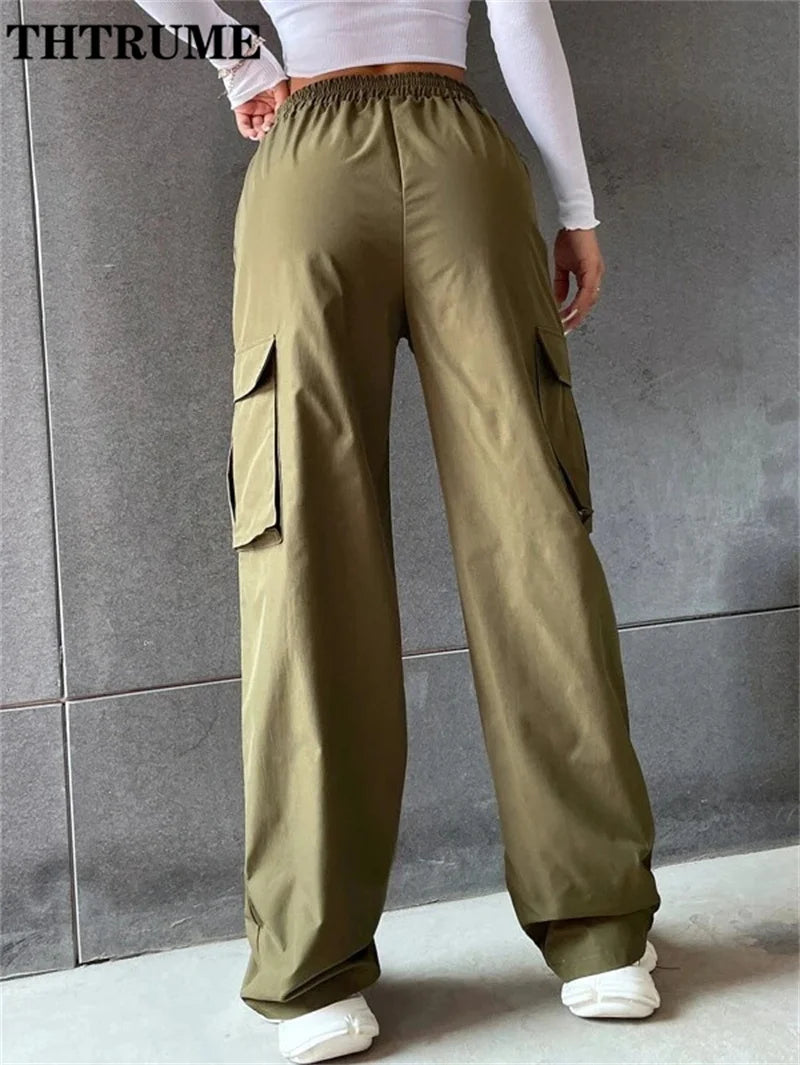 Vintage Streetwear Cargo Pants Fashion Women Solid Oversized Pocket High Waist Baggy Pant Casual Hip Hop Straight New Trousers