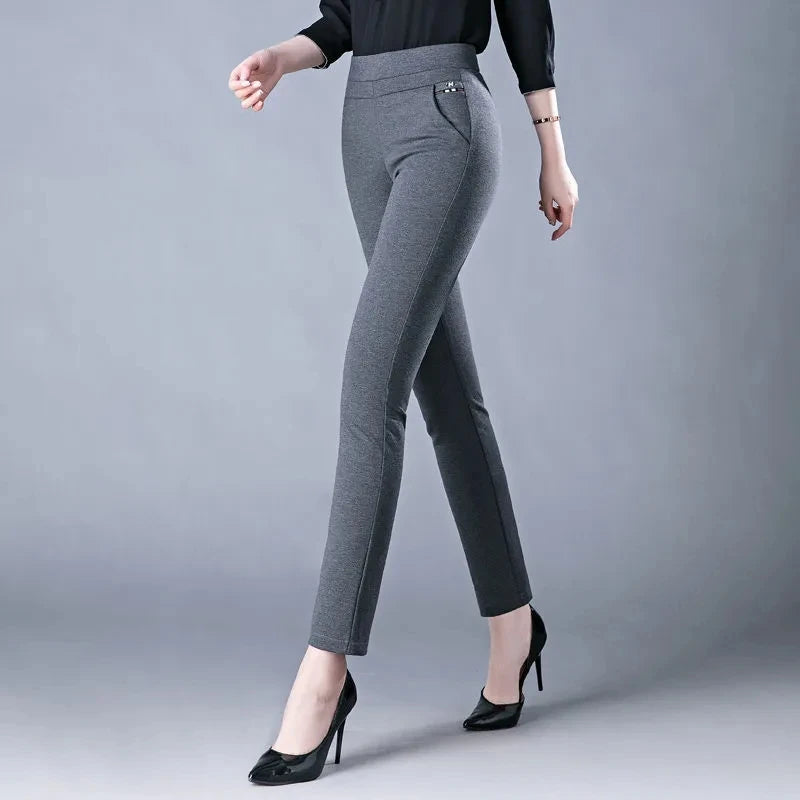 Spring Autumn Middle Aged Women Elastic Waist Casual Straight Pants Female Trousers Wild Slim Stripe Black Gray Pencil Pants 5XL