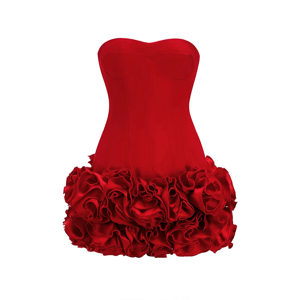 Red Color Women Sexy Strapless Ball Gown Mini Dress Celebrity Red Carpet Fashion Evening Party Celebrate Dress Wholesale