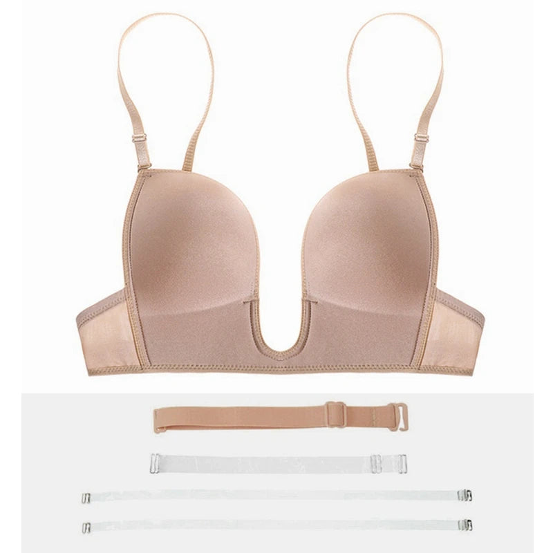 Plunge Bra Women's Deep U Low Cut Invisible Bralette Multi-Way Convertible Sexy Push Up Bare Back Lingerie for Backless Dress