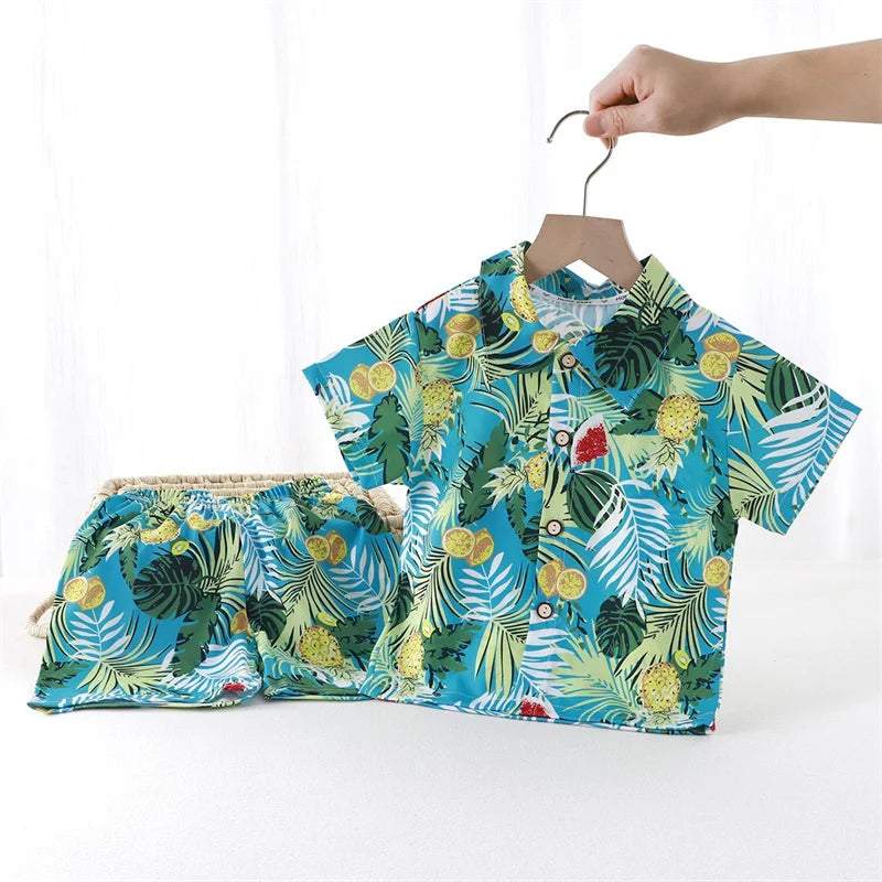 Summer Children Beach Shirt Set Boys Girls Baby Loose Printed Shirts Fashion Vacation Style Kid Short Sleeve+short Pants Outfits