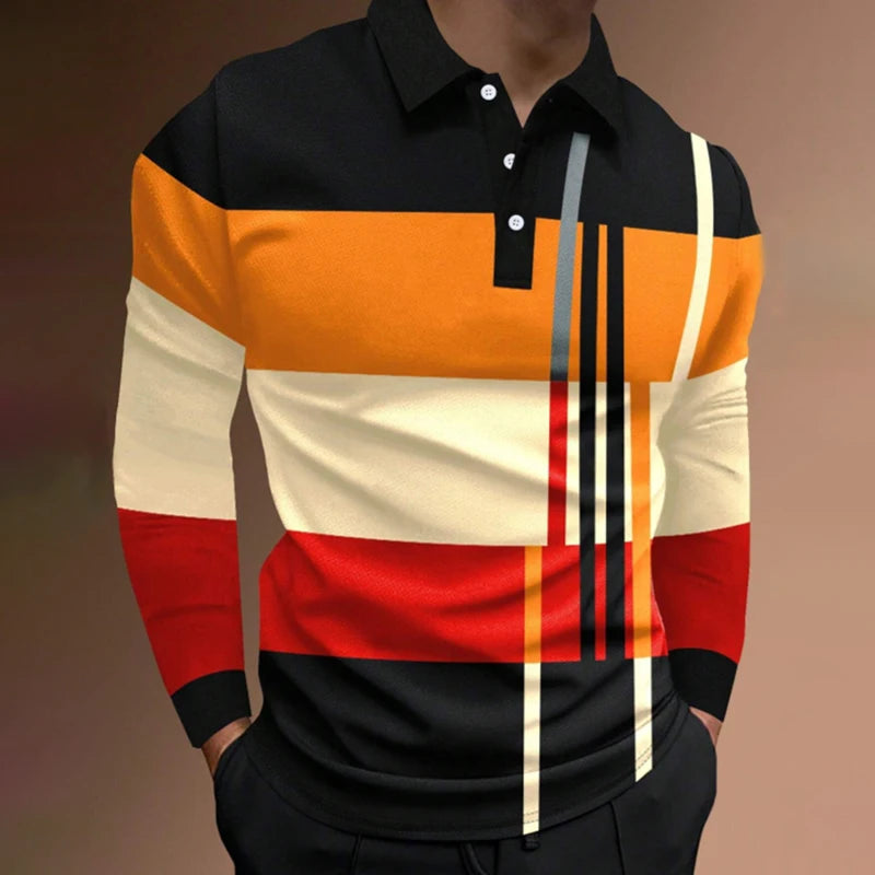 Casual Spring and Autumn Men's New Long Sleeve Polo Shirt with Splicing Colors Fashionable Breathable and Slim Fit Polo Shirt