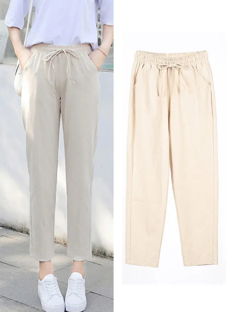 Womens Spring Summer Pants Cotton Linen Solid Elastic waist Candy Colors Harem Trousers Soft high quality for Female ladys S-XXL