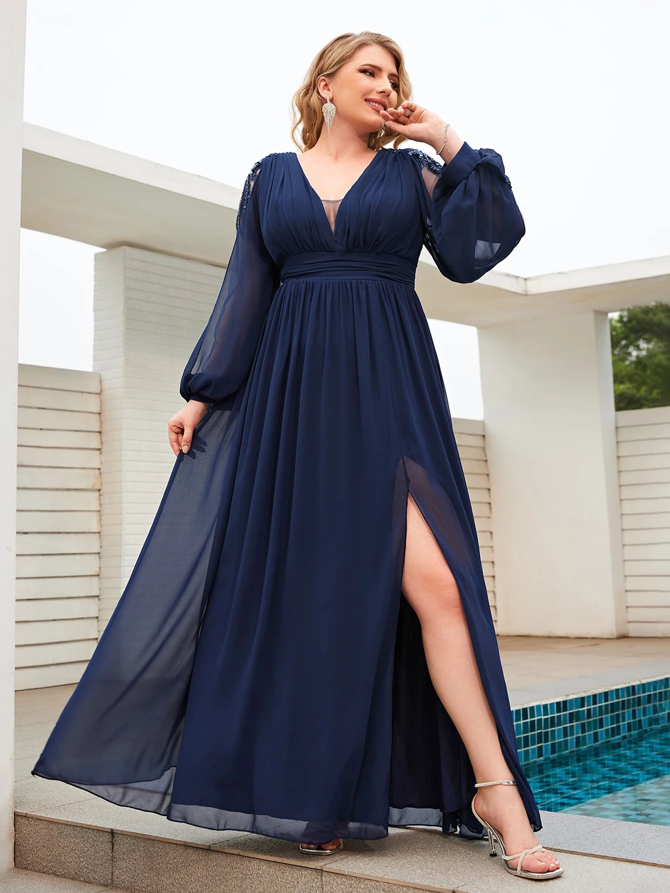 Unithorse Plus Plunging Neck Lantern Sleeve Split Thigh Chiffon Bridesmaid Dress