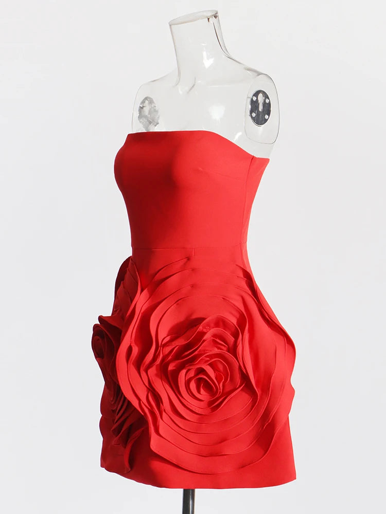 TWOTWINSTYLE Solid Sexy Patchwork Appliques Dress For Women Strapless Sleeveless High Waist Spliced Zipper Chic Dresses Female