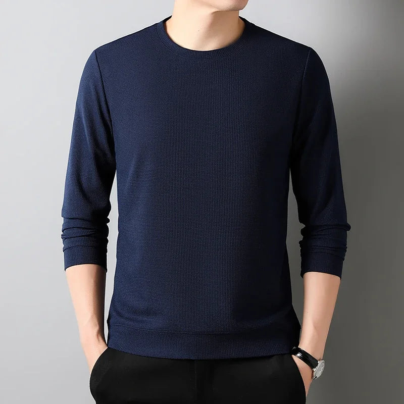 New Men's Business Casual Long Sleeved Solid Color Round Neck T-shirt for Autumn Winter Comfortable Fashionable Versatile Top